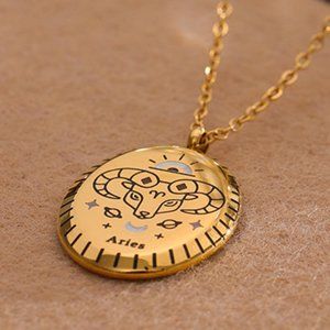 ARIES--NEW 18K Gold Plated ARIES Sign Zodiac Oval Pendant Necklace